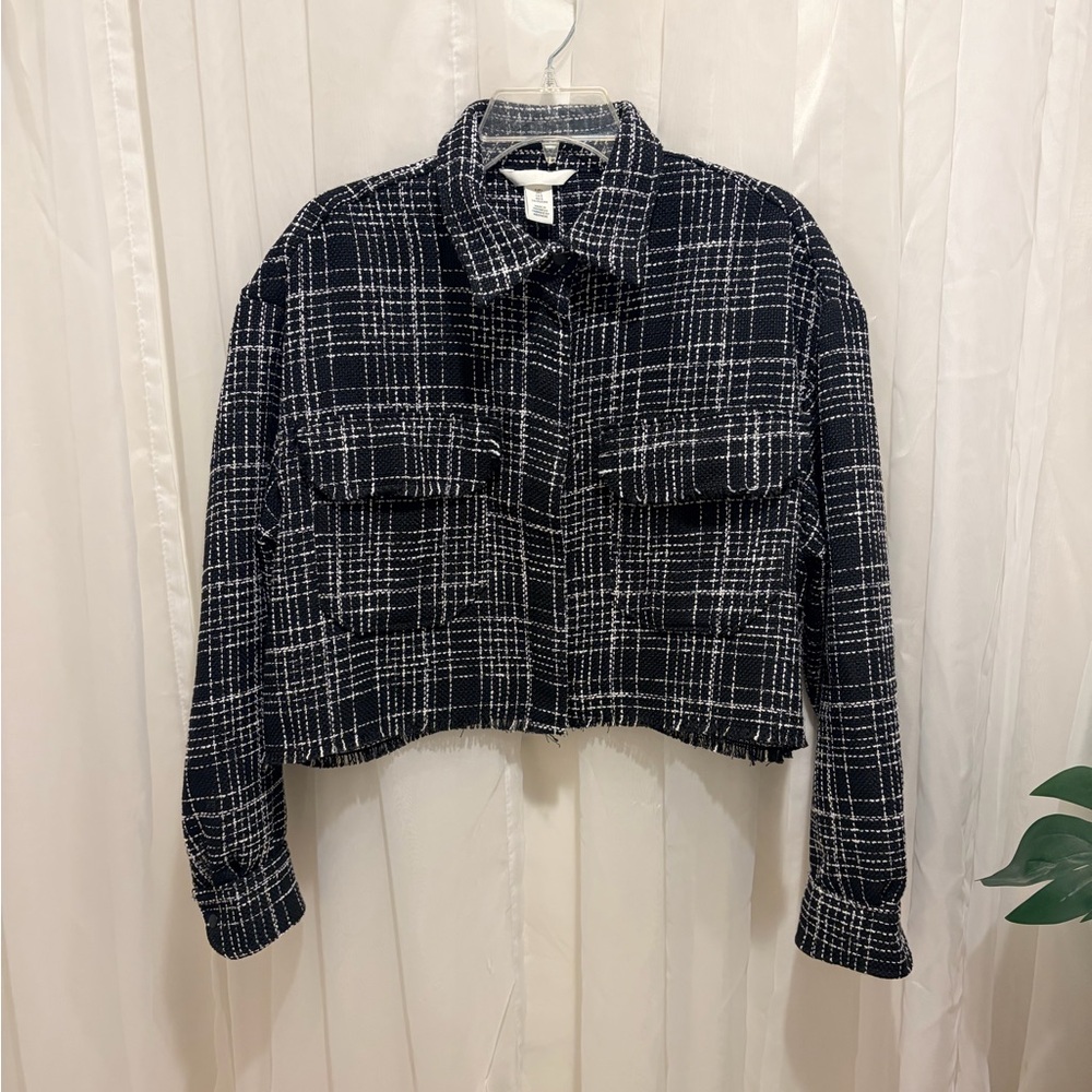 H&M Black and White Tweed Checkered Cropped Utility Jacket size Large